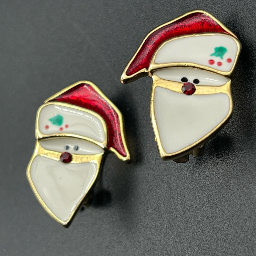 Christmas Santa Face Clip On Earrings Enamel Gold Tone‎ Rhinestone 1029